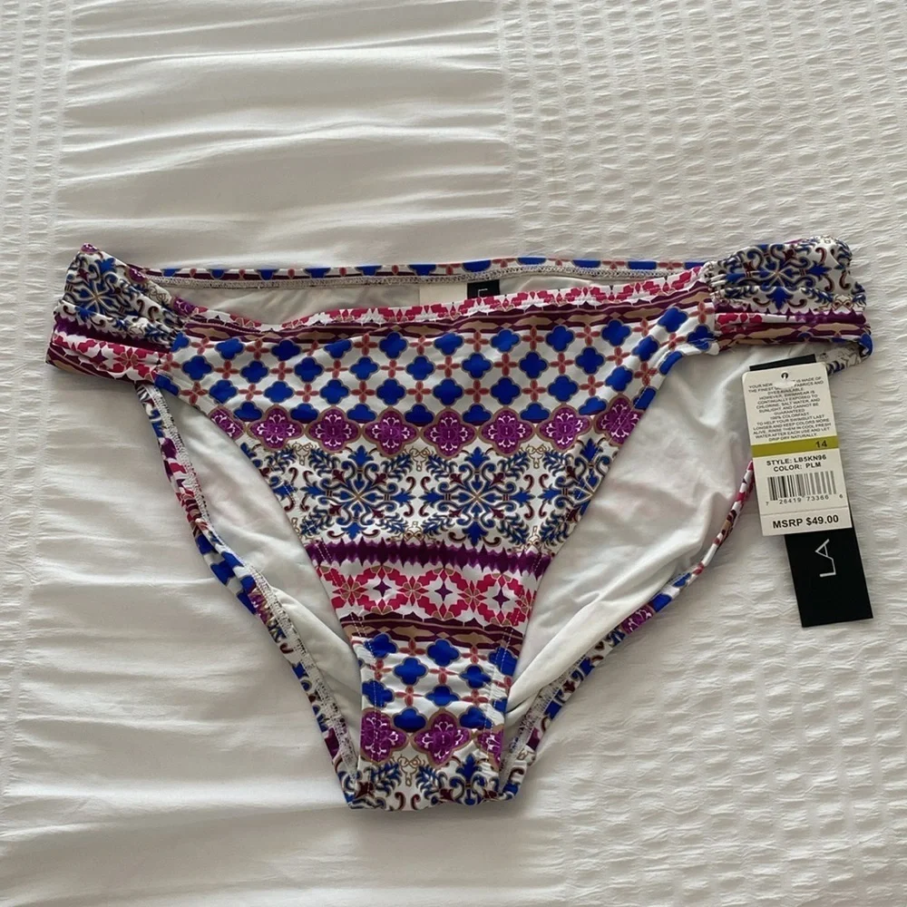 NWT LA BLANCA multi color pattern bikini bottoms size 14